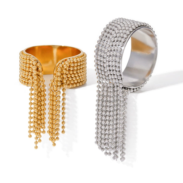 Wholesale Women's Stainless Steel Geometric Round Bead Tassel Open Ring Jewelry With Electroplating Light Luxury Fashion