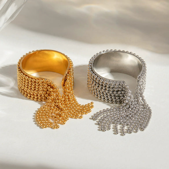 Wholesale Women's Stainless Steel Geometric Round Bead Tassel Open Ring Jewelry With Electroplating Light Luxury Fashion