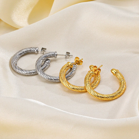 Wholesale Women's Stainless Steel Geometric Round Cshaped Twist Retro Earrings 18K Goldplated