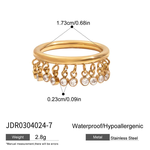 Wholesale Women's Stainless Steel Geometric Round Zircon Tassel Ring With 18K Gold Electroplating Nonfading Modern Normcore Design