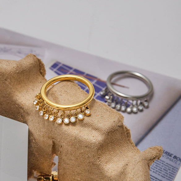 Wholesale Women's Stainless Steel Geometric Round Zircon Tassel Ring With 18K Gold Electroplating Nonfading Modern Normcore Design