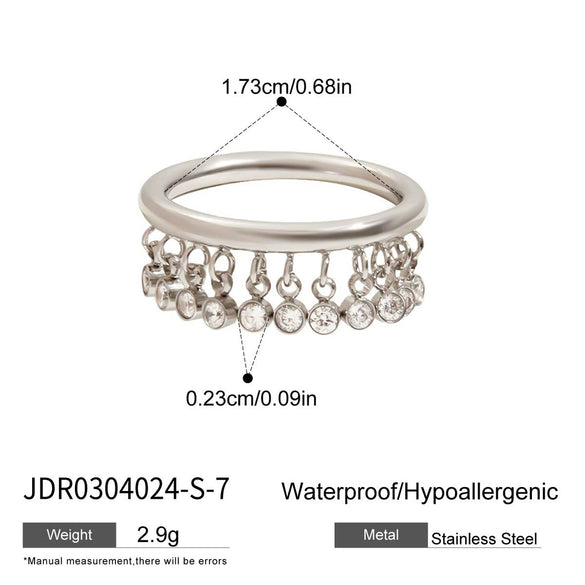 Wholesale Women's Stainless Steel Geometric Round Zircon Tassel Ring With 18K Gold Electroplating Nonfading Modern Normcore Design