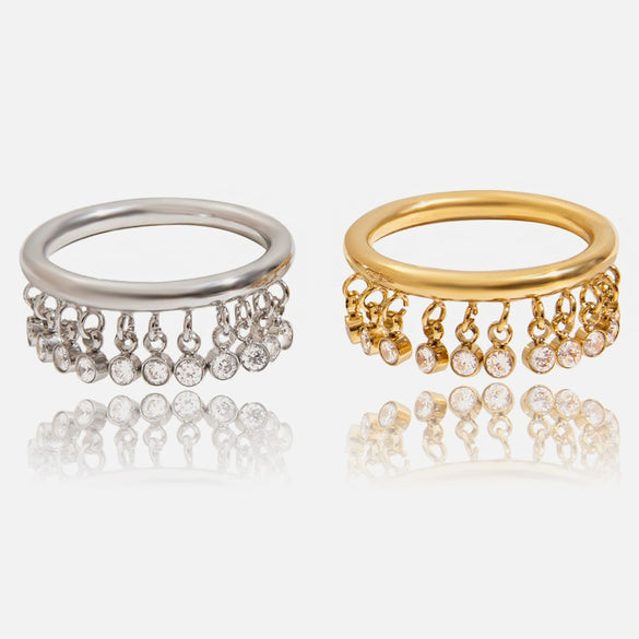 Wholesale Women's Stainless Steel Geometric Round Zircon Tassel Ring With 18K Gold Electroplating Nonfading Modern Normcore Design