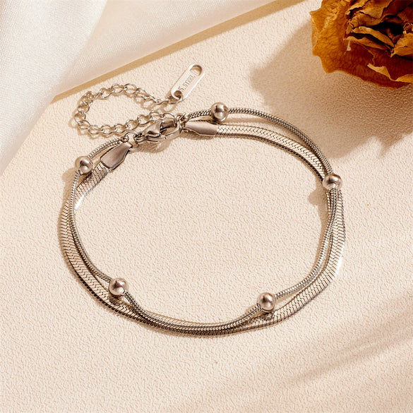Wholesale Women's Stainless Steel Geometric Simple Doublelayer Colorpreserving Nonfading Ball Bead Anklet