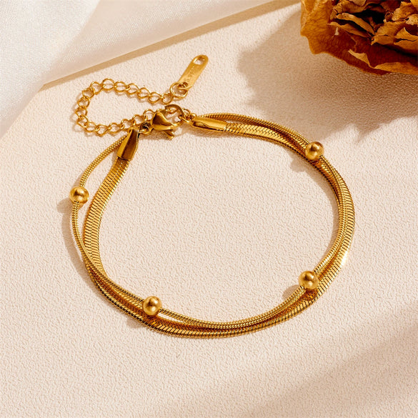 Wholesale Women's Stainless Steel Geometric Simple Doublelayer Colorpreserving Nonfading Ball Bead Anklet