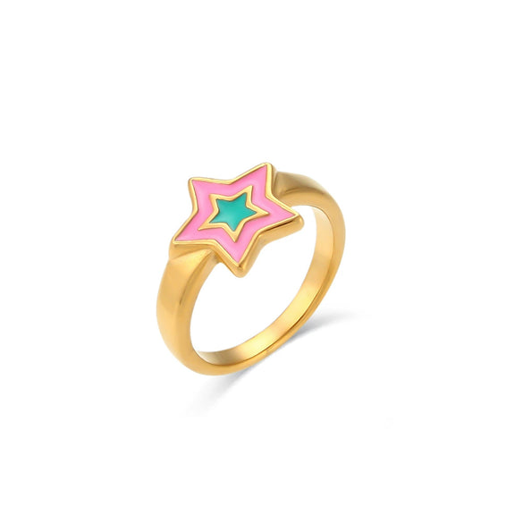 Wholesale Women's Stainless Steel Geometric Simple Style Ring With Bohemian Star And Colorful Oil Dripping Design