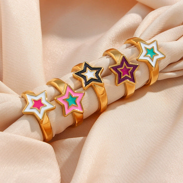 Wholesale Women's Stainless Steel Geometric Simple Style Ring With Bohemian Star And Colorful Oil Dripping Design