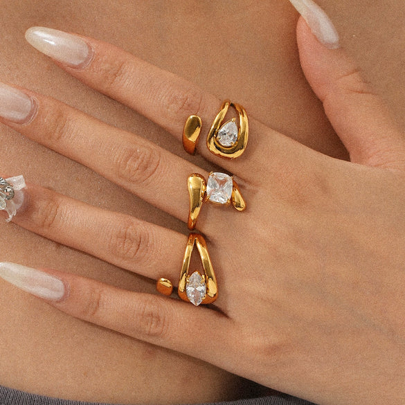 Wholesale Women's Stainless Steel Geometric Special Shaped Cut Out Open Ring Set With Zirconia And Vacuum Electroplated