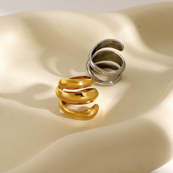 Wholesale Women's Stainless Steel Geometric Springshaped Threelayer Ring With 18K Gold Electroplating