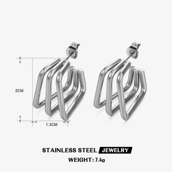 Wholesale Women's Stainless Steel Geometric Square Three Layer Gold Plated Electroplated Earrings