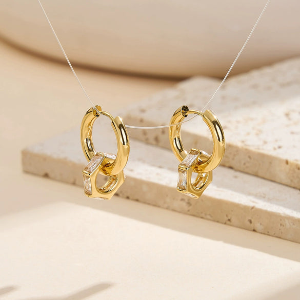 Wholesale Women's Stainless Steel Geometric Square Zircon Hoop Earrings With Vacuum Real Gold Plating In Pvd Furnace