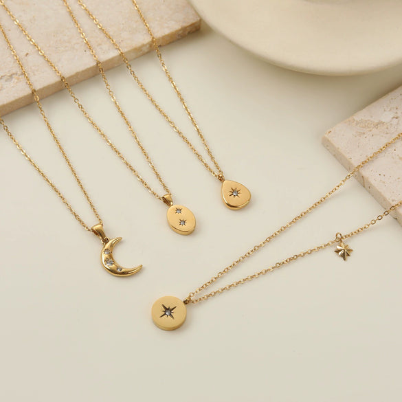 Wholesale Women's Stainless Steel Geometric Star And Moon Layered Necklaces With Electroplating Design