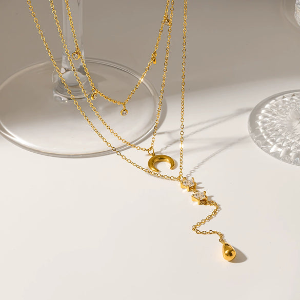 Wholesale Women's Stainless Steel Geometric Star And Moon Zircon Pendant Tassel Threelayer Necklace With Oshaped Chain And Pvd Furnace Vacuum Real Gold Plating