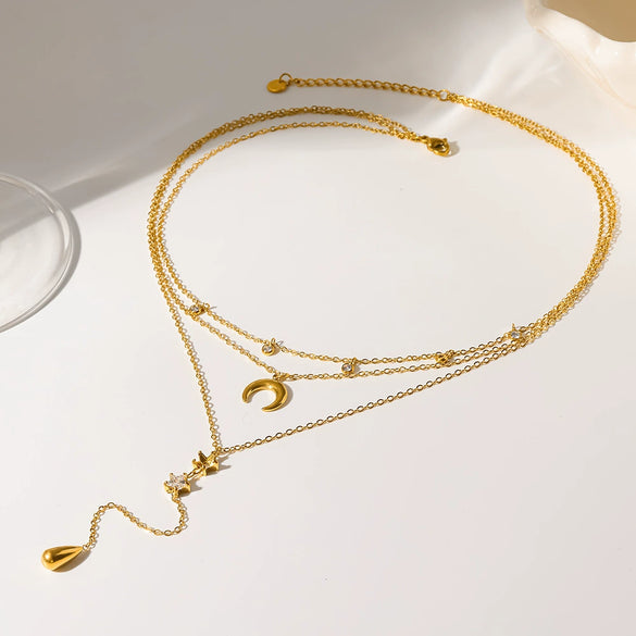 Wholesale Women's Stainless Steel Geometric Star And Moon Zircon Pendant Tassel Threelayer Necklace With Oshaped Chain And Pvd Furnace Vacuum Real Gold Plating
