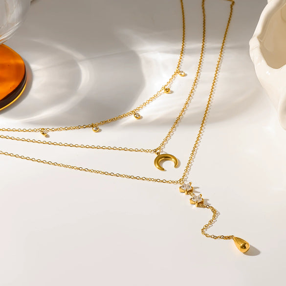 Wholesale Women's Stainless Steel Geometric Star And Moon Zircon Pendant Tassel Threelayer Necklace With Oshaped Chain And Pvd Furnace Vacuum Real Gold Plating
