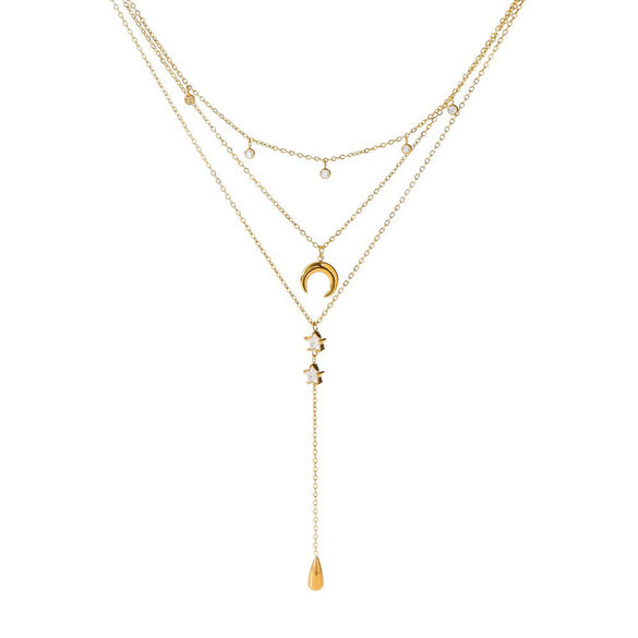 Wholesale Women's Stainless Steel Geometric Star And Moon Zircon Pendant Tassel Threelayer Necklace With Oshaped Chain And Pvd Furnace Vacuum Real Gold Plating