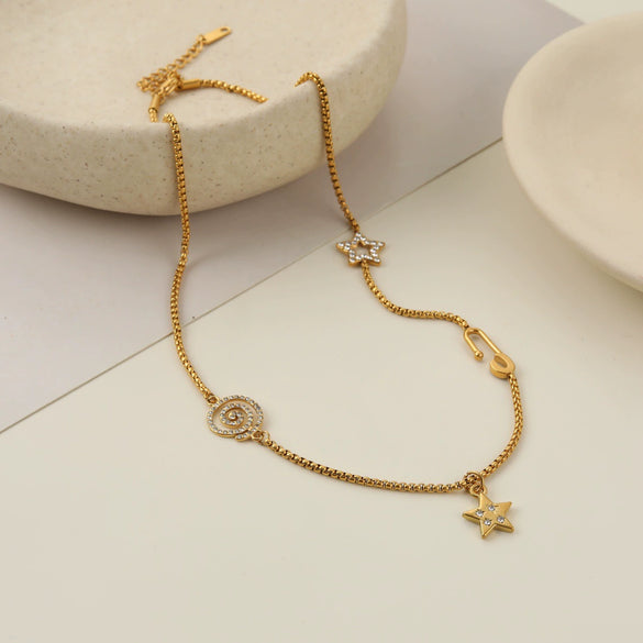 Wholesale Women's Stainless Steel Geometric Star Pin Multilayered Stacking Necklace With Electroplating