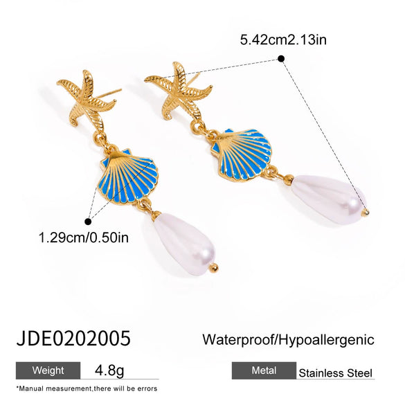 Wholesale Women's Stainless Steel Geometric Starfish Earrings With Blue Oil Drop Shell Pearl And Electroplating Design