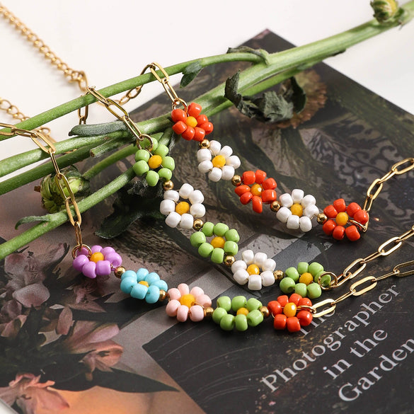Wholesale Women's Stainless Steel Geometric Style Electroplated Flower Rice Beads Bracelet
