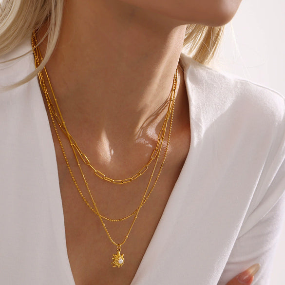 Wholesale Women's 316L Stainless Steel Geometric Sunflower Beads Collarbone Necklace 18K Gold Plated Light Luxury Style