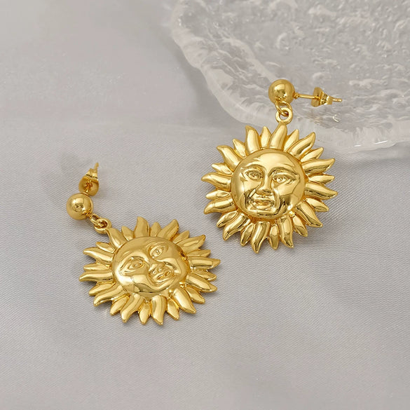 Wholesale Women's Stainless Steel Geometric Sunflower Design Water Plated Earrings Jewelry