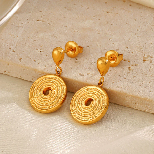 Wholesale Women's Stainless Steel Geometric Thread Round Earrings 18K Gold Plated