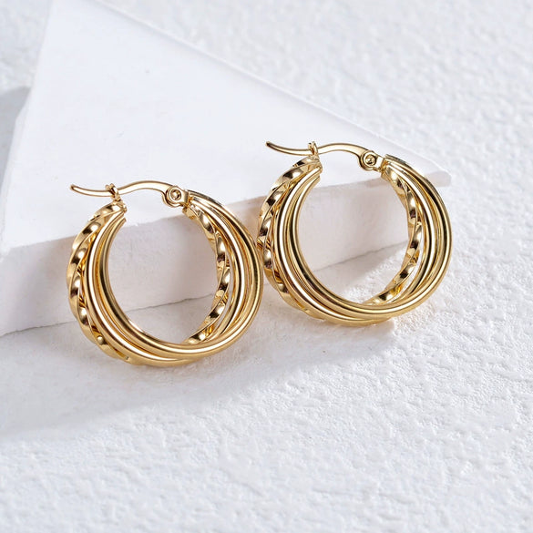 Wholesale Women's Stainless Steel Geometric Three Layer Hollow Tassel Earrings With Electroplating Design