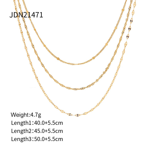 Wholesale Women's Stainless Steel Geometric Three Layer Necklace With Vacuum Plated 18K Gold And Melon Seed Chain