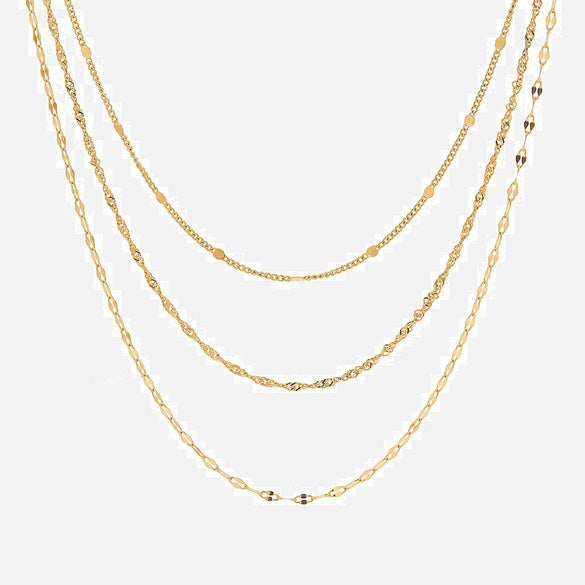 Wholesale Women's Stainless Steel Geometric Three Layer Necklace With Vacuum Plated 18K Gold And Melon Seed Chain
