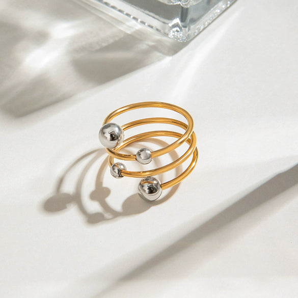 Wholesale Women's Stainless Steel Geometric Three Layer Opening Adjustable Ring With Gold And Silver Color Matching And Set With Pearls