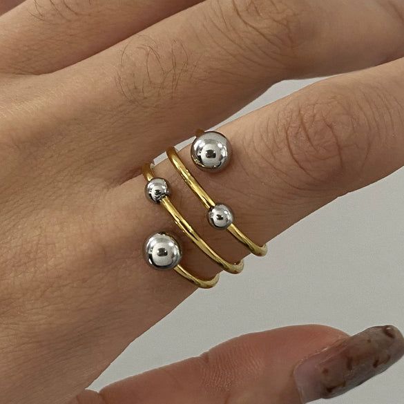Wholesale Women's Stainless Steel Geometric Three Layer Opening Adjustable Ring With Gold And Silver Color Matching And Set With Pearls