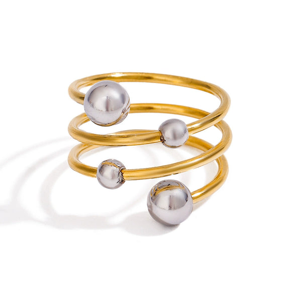 Wholesale Women's Stainless Steel Geometric Three Layer Opening Adjustable Ring With Gold And Silver Color Matching And Set With Pearls
