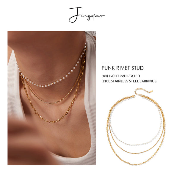 Wholesale Women's Stainless Steel Geometric Three Layer Pearl Chain Necklace With Electroplating French Classic Style