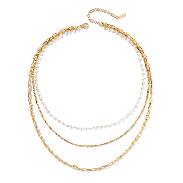 Wholesale Women's Stainless Steel Geometric Three Layer Pearl Chain Necklace With Electroplating French Classic Style