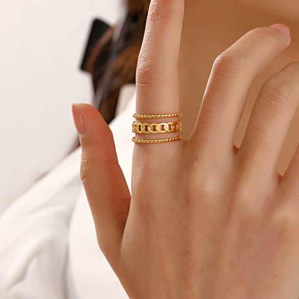 Wholesale Women's Stainless Steel Geometric Three Layer Ring With Real Gold Plating Jewelry