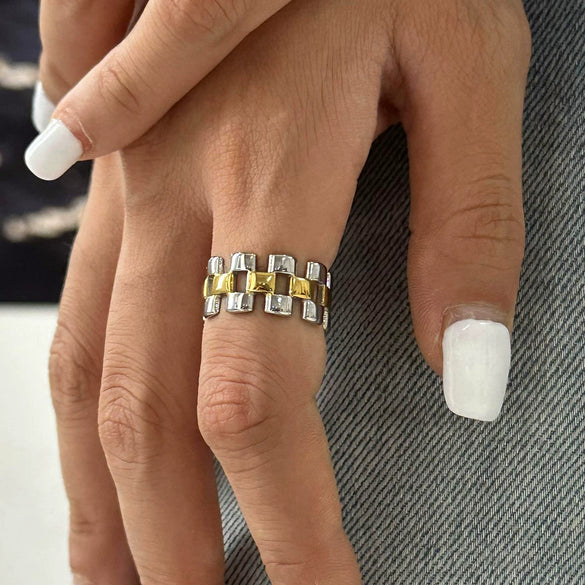 Wholesale Women's Stainless Steel Geometric Three Layer Square Hollow Ring Electroplated Fashion Jewelry