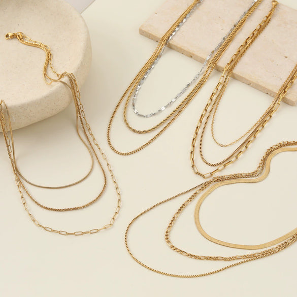 Wholesale Women's Stainless Steel Geometric Threelayer Stacked Paperclip Necklace With Electroplating Design