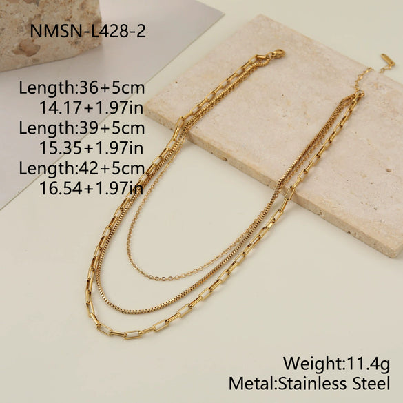 Wholesale Women's Stainless Steel Geometric Threelayer Stacked Paperclip Necklace With Electroplating Design