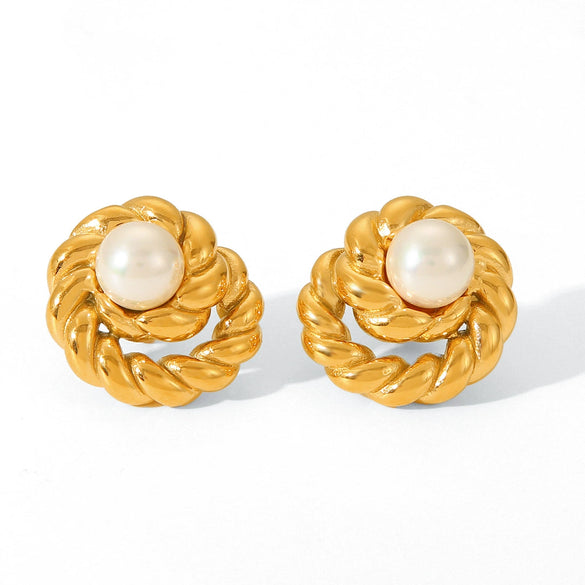 Wholesale Women's Stainless Steel Geometric Twist Pearl Earrings With Electroplating Treatment