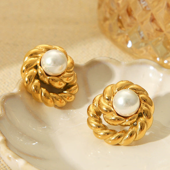Wholesale Women's Stainless Steel Geometric Twist Pearl Earrings With Electroplating Treatment