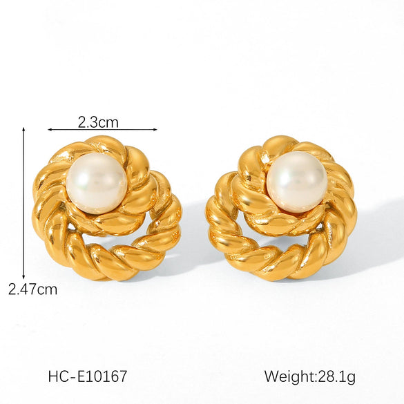 Wholesale Women's Stainless Steel Geometric Twist Pearl Earrings With Electroplating Treatment