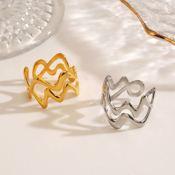 Wholesale Women's Stainless Steel Geometric Wave Cross Ring 18K Gold Plated