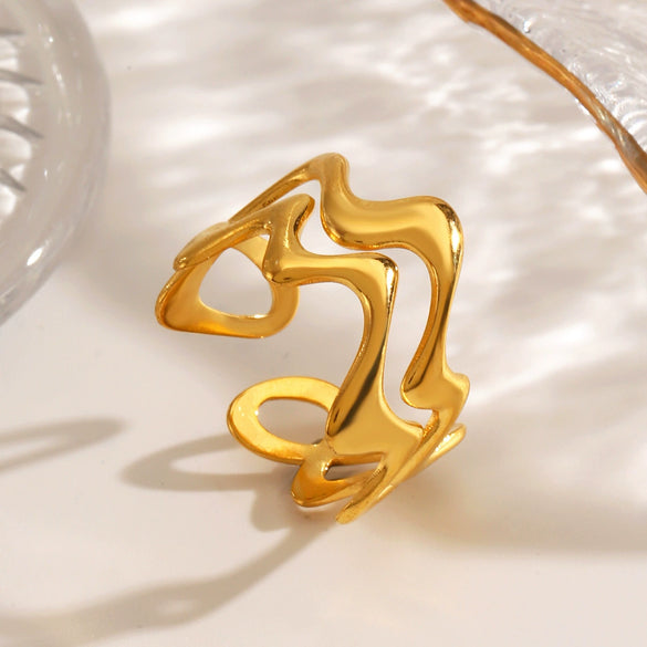 Wholesale Women's Stainless Steel Geometric Wave Cross Ring 18K Gold Plated