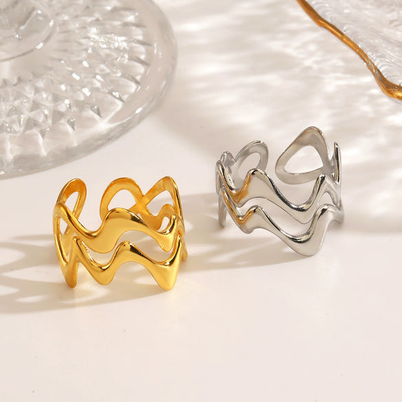 Wholesale Women's Stainless Steel Geometric Wave Cross Ring 18K Gold Plated