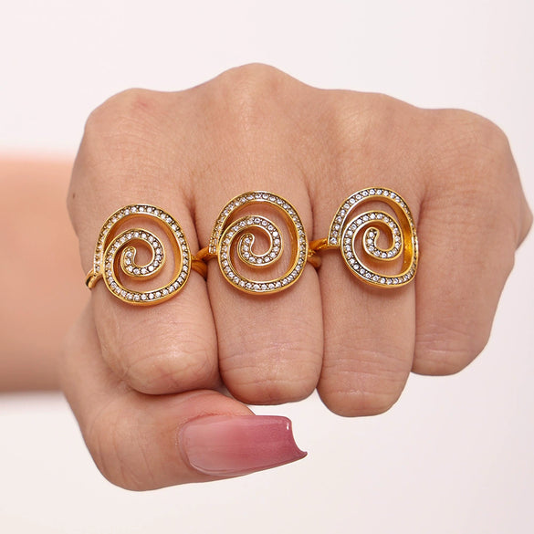 Wholesale Women's 316L Stainless Steel Geometric Whirlpool Handset Zircon Ring Pvd Plated 18K Real Gold Light Luxury Style