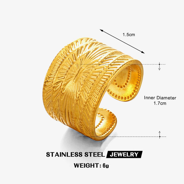 Wholesale Women's Stainless Steel Geometric Wide Face Retro Style Hip Hop Opening Ring With 18K Gold Plated Electroplating