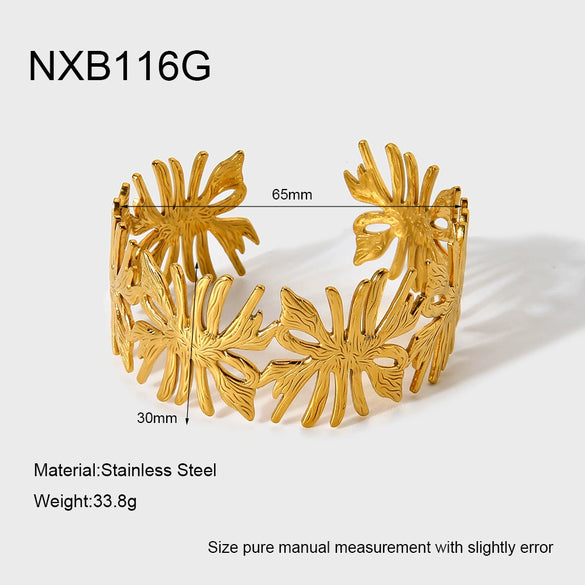 Wholesale Women's Stainless Steel Ginkgo Leaf Open Bracelet Inlaid With Gold