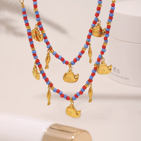 Wholesale Women's 316L Stainless Steel Glazed Beads And 316L Stainless Steel Dolphin Pendant Clavicle Chain With Geometric And Animal Patterns Electroplated Bohemian Style