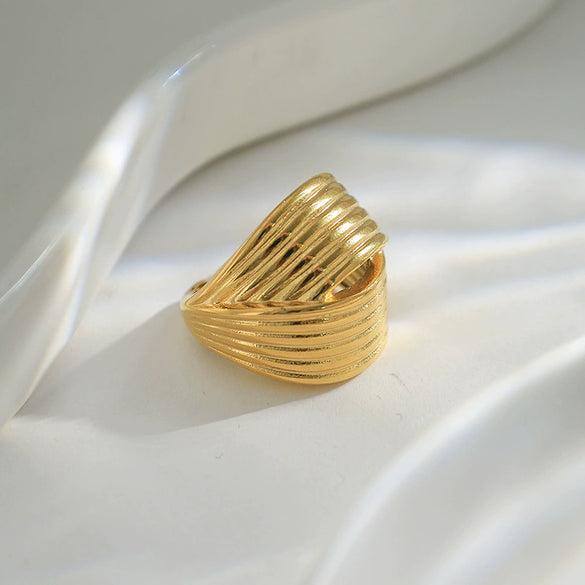 Wholesale Women's Stainless Steel Gold Plated Fashion Geometric Wave Pattern Hollow Striped Rotating Ring