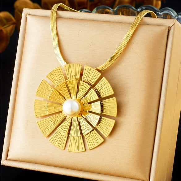 Wholesale Women's Stainless Steel Gold Plated Jewelry Set With Flower Pattern And Pearl Inlay
